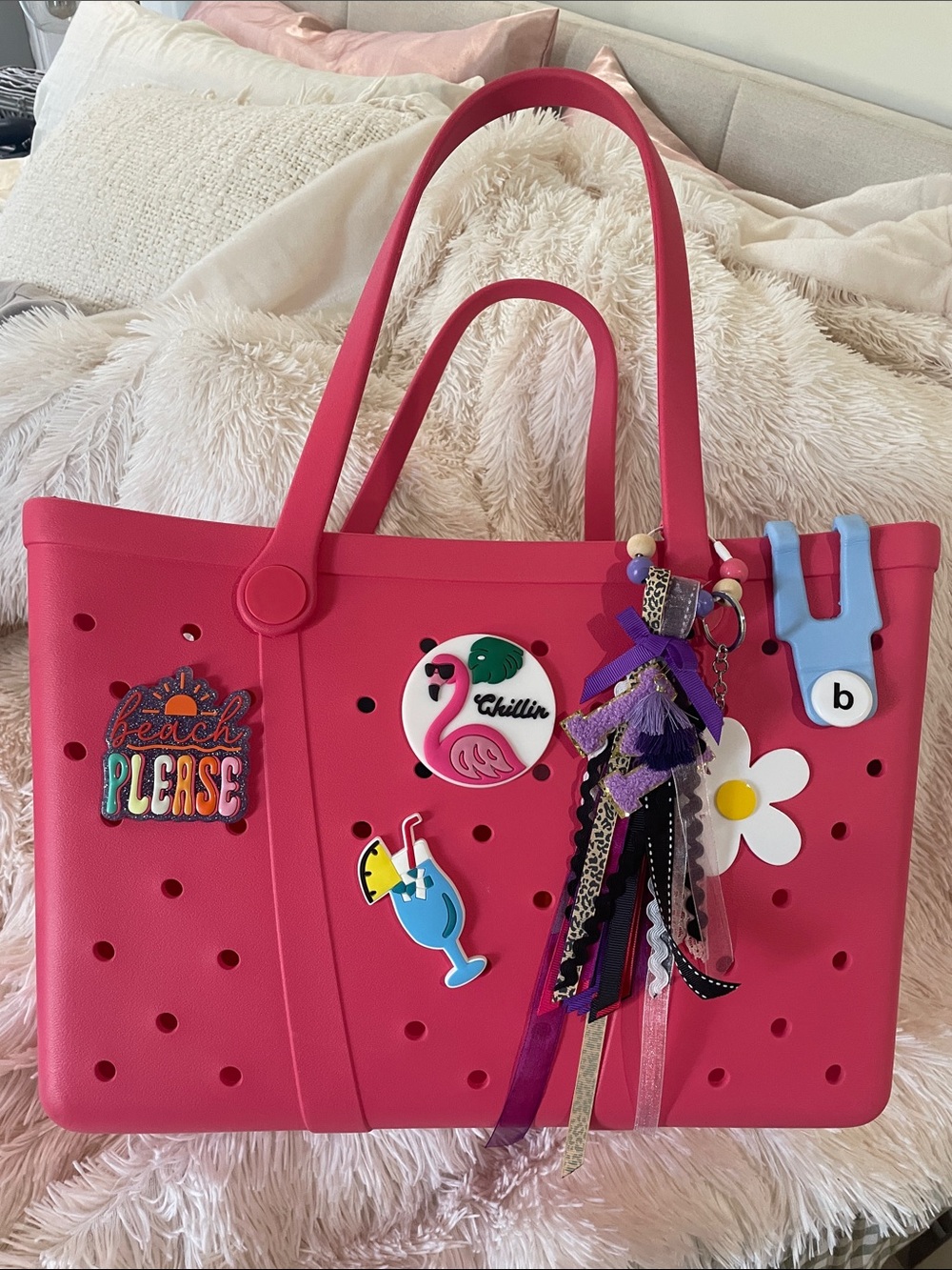 Melon Colored Women's Tote Bag with Charms and Accessories